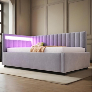MODFU Schlafsofa Kinderbett, 90x200 cm mit LED-Beleuchtung, hydraulischem Stauraum, Polsterbett Stauraumbett, verstellbarem Kopfteil & Samtbezug, Ohne Matratze