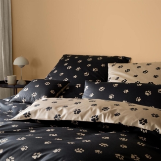 elegante Mako-Satin Bettwäsche Paws schwarz beige|155x220 cm + 80x80 cmelegante Mako-Satin Bettwäsche Paws schwarz beige