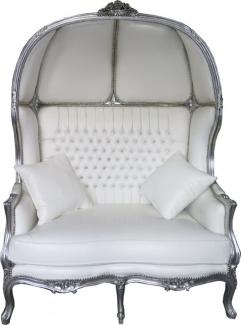 Casa Padrino Barock 2er Ballon Sofa Weiß Lederoptik / Silber - Wohnzimmer Couch Möbel Lounge Hochzeit