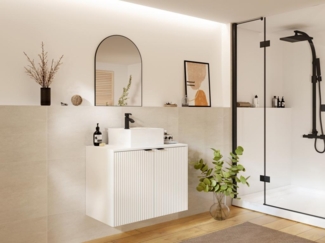 Vente-unique - Waschbeckenunterschrank hängend mit Aufsatzwaschbecken - Streifenoptik - Weiß - 80 cm - PARMIZA