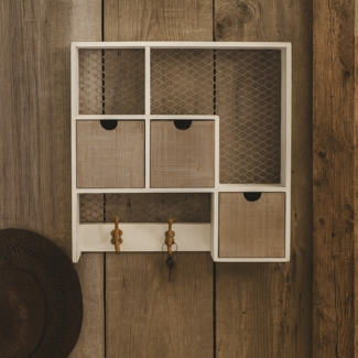 HTI-Line Vintage Holzregal mit Schubladen und Haken Dekorativer Wandschrank i...