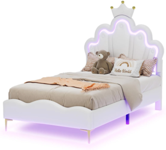 Prinzessinbett mit LED-Beleuchtung, 90x200 cm, höhenverstellbarer Kopfteil, Mädchenbett, Polsterbett für Mädchen, Einzelbett, Kunstleder