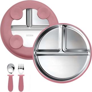 Auledio Kindergeschirr-Set Edelstahl Baby Teller mit Silikon Saugnapf,Spülmaschinenfest