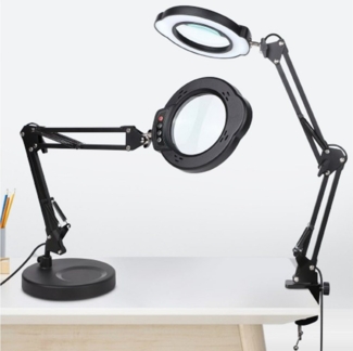 JOYOLEDER Lupenlampe 10X Lupe mit Licht und Ständer 2-in-1 LED Lupenleuchte, mit Klemme, & Standfuß, Vergrößerungs-Schreibtischlampe mit 5 Farbmodi Dimmbare, für Arbeit, Lesen,Nähen,Basteln,Senioren