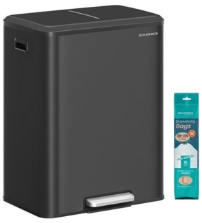 SONGMICS Mülleimer Küche, Mülltrennsystem 2x30 L, 2 Fächer für Recycling und Restmüll, Abfalleimer, Inneneimer, Edelstahl, Softclose-Deckel, breites robustes Peda