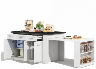 MODFU Esstisch Multifunktionale Kücheninsel,ausziehbarer Esstisch,mit Schubladen (Multifunktionale Kücheninsel mit 150 cm + 96 cm, Ausziehbarem Esstisch, Schubladen und Stauraum, Schwarze Marmorierte Arbeitsplatte, Ideal für Familienküchen und Potluck-...