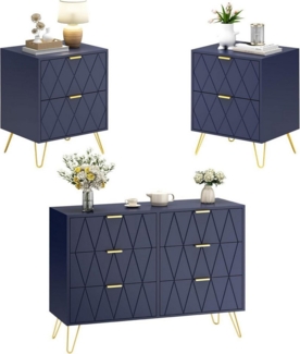 UEV Schlafzimmer-Set, 3er-Set Schlafzimmermöbel, Sparset Jugendzimmer-Set, (Kommode mit 6 Schubladen und 2er-Set Nachttisch, Modern Linienmuster, Skandinavisch Goldene Griffe und Füße), Schublade mit Soft-close, Sideboard mit Kisppschutz