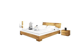 Bett Bento 5 Sonderlänge 120x220 Wildeiche massiv Holzkopfteil und Holzbeine