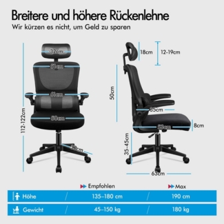 ALFORDSON Bürostuhl Ergonomischer, atmungsaktives Netzgewebe, (1 St), Selbsteinstellende Lendenwirbelstütze, 120° Neigungsverstellung
