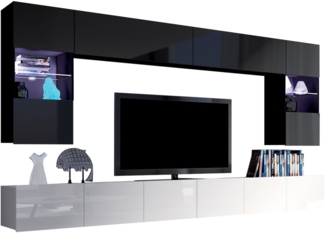 Wohnwand Calabrini I (Farbe: Schwarz + Schwarz Hochglanz / Weiß + Weiß Hochglanz, mit blauer LED Beleuchtung)