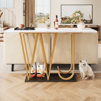 Flurtisch 120 x 29,5 x 80 cm, weiß, Marmoroptik mit goldenen Metallbeinen