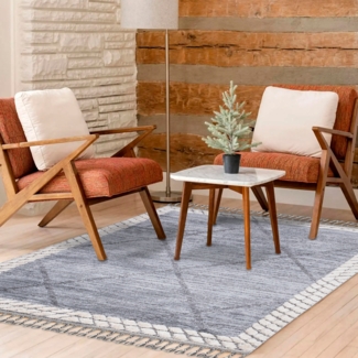 Teppich Wohnzimmer - Abstrak Raute - 200x290cm - Creme Grau Blau - Fransen Deko Boho Flauschig - Cut & Loop Sisal - Schlafzimmer Flur Dekoration Läufer