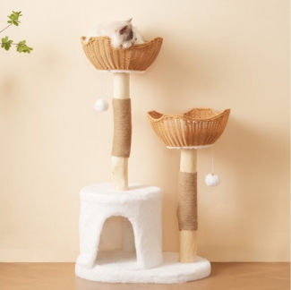 Celya Kratzbaum Katzenkratzbaum mit 2 Körben & Höhle, aus Massivholz 108cm, Naturholz & Sisal, mit Plüschball & dickem Kissen