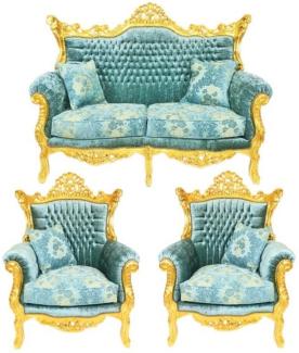 Casa Padrino Barock Wohnzimmer Set Master Türkis-Blau Muster Samtstoff / Gold - 2er Sofa + 2 Sessel - Limited Edition!