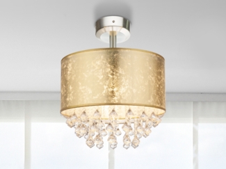 LED Deckenleuchte mit Stoff Lampenschirm Gold & Kristall Behang, Ø 40cm