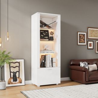 OKWISH Vitrine Weiß Hochglanzvitrinen 50x40x160 cm mit Acryltür und LED-Beleuchtung (Packung, 1-St, mit 5 Fachböden Acryl-Vitrine) Vitrinen für Sammlerstücke, Parfümschränke, Bücherregale