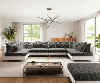 DELIFE Wohnlandschaft Clovis, XL Weiss Schwarz mit Hocker Wohnlandschaft Modulsofa