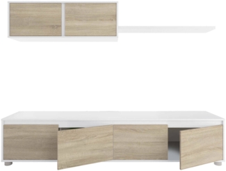 Dmora Wandsystem Amir, TV-Ständer, Wohnzimmermöbel, Zusammensetzung des Wohnzimmersets, Wohnzimmerset mit Schrankwand, 200 x 41 x 43 cm, Weiß und Eiche