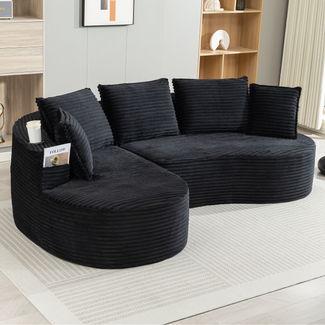 Flieks Cord Sofa, Bogensofa modern weich, mit Becherhalter & Seitentasche, inkl. Kissen, komfortabler Relaxsessel, Schwarz