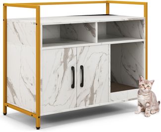 Katzenschrank Katzentoilette mit Doppeltüren & Kratzunterlage Katzenhaus mit offenem Regal & 2 Fächern Weiß-Marmor