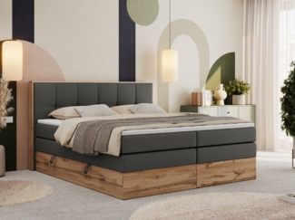 Boxspringbett, Doppelbett mit zwei 7 Härtezonen Multipocket-Matratzen, Bettkästen, Eiche Wotan Holzrahmen, Polsterbett mit Topper-Matratze - ALBERO 1 KING - 180 x 200 cm - Dunkelgrau Kunstleder - H4