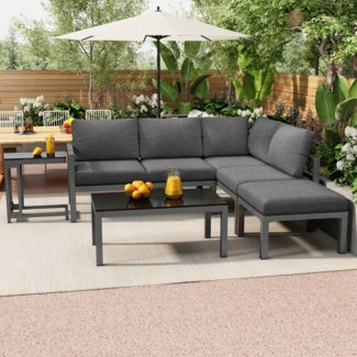 Merax Garten-Lounge-Sessel-Set, Ecklounge, Gartenmöbel für 6–8 Personen, Gartenmöbel-Set, Lounge-Möbel, 5er-Set, inklusive aller Kissen, grau