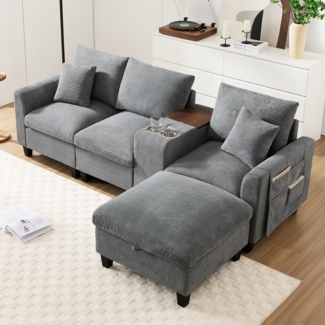 Merax L-Form Ecksofa, Umwandelbares Sofa mit Konsole, 2 Becherhaltern, USB Ladeanschlüssen, Armlehnen Aufbewahrungstasche und Kissen, Cord Stoff, Komfort Sofa, Grau