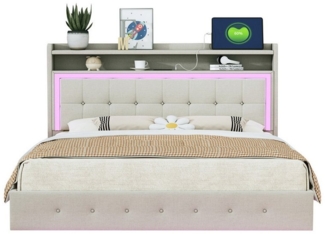 OKWISH Polsterbett Funktionsbett Kinderbett Gästebett Doppelbett Stauraumbett (verstecktes Fußdesign, mit USB-Steckdose und LED-Licht, ideal für moderne Jugend und Erwachsenenschlafzimmer 140 x 200 cm), ohne Matratze