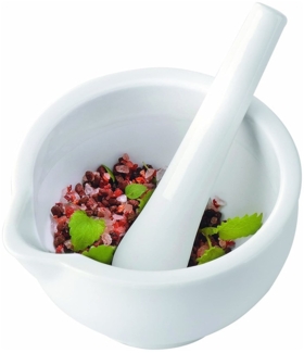 Gefu Macino Geu 13,5 cm weißer Küchenmörser für Gewürze und Kräuter mit Stößel