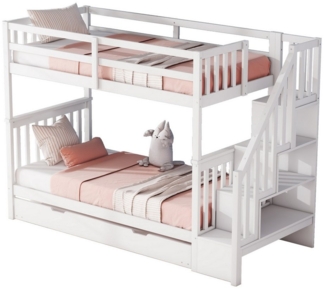 Ulife Etagenbett Kinderbett Jugendbett mit Treppenregal, hohe Geländer, ausgestattet mit ausziehbares Rollbett, 90x200 cm/90x190 cm