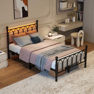 Flieks Jugendbett Metallbett 120x200cm mit Led, Doppelbett Kinderbett mit USB und Steckdose, Klassisches Bett mit Lattenrost, Schwarz