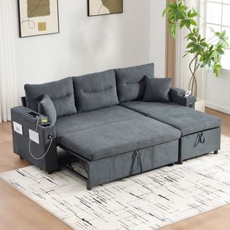 Flieks 3-Sitzer-Schlafsofa Leinen, mit Stauraum & Ausziehbett, USB-C, Getränkehaltern & breiten Armlehnen, Dunkelgrau