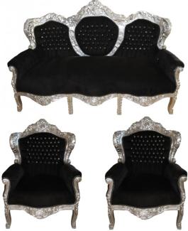 Casa Padrino Barock Wohnzimmer Set "King" Schwarz / Silber mit Bling Bling Glitzersteinen - 3-er Sofa + 2 Sessel