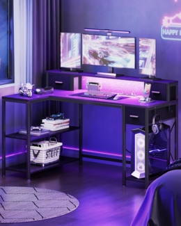 Schreibtisch, Computertisch, L-förmiger Gaming-Schreibtisch mit LED-Beleuchtung und 2 AC + USB Anschlüssen, 132 x 80 cm, Eckschreibtisch, für Home Office, Schlafzimmer, Schwarz