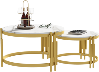 Moduliertes Couchtisch-Set, Marmoroptik, goldener Metallrahmen, runde Tische in zwei Gr??en