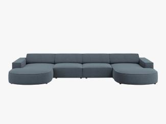 Micadoni 6-Sitzer Strukturierter Stoff Panorama Sofa rund Jodie | Bezug Blau | Beinfarbe Black Plastic