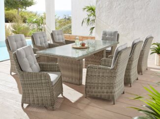 KONIFERA Garten-Essgruppe Venedig, (Set, 25-tlg, 8x Sessel, 1x Tisch 230,8x100,5x76 cm, inkl. Auflagen), Polyrattan, Aluminium, Tischplatte aus 5mm starkem Sicherheitsglas