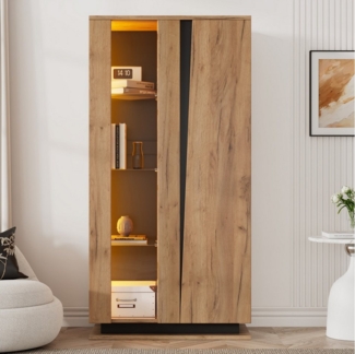 Merax Vitrine mit LED-Beleuchtung in Holzoptik mit Schwarz (Wohnzimmerschrank Hochschrank Standregal Schrank, 1-St, 80x35x160 cm) Standvitrine mit 8 Ablageflächen, Glastrennwänden, Acryl- & Holztüren