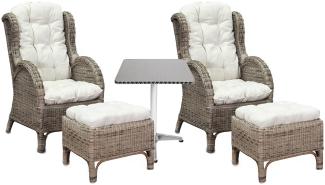 Luxus Rattan Set 2 x Relaxsessel mit Fußhocker + Bistrotisch eckig