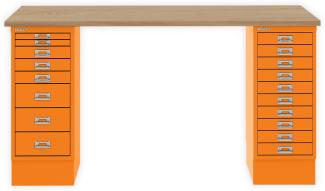 MultiDesk, 1 MultiDrawer mit 10 Schüben, 1 MultiDrawer mit 8 Schüben, Dekor natürliche Eiche, Farbe Orange, Maße: H 740 x B 1400 x T 600 mm