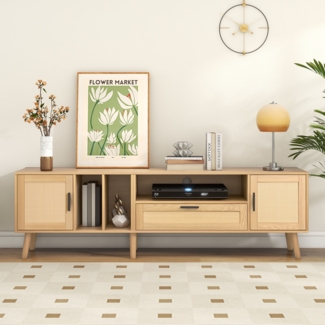 Merax Lowboard, mit Türen und Schubladen, Fernsehtisch Rattan Landhaus, B:180cm, Eiche