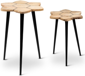 DRW Set mit 2 Tischen mit Einer Eckform aus Holz und Metall in Natur und Schwarz, 40 x 40 x 55 cm und 35 x 35 x 50 cm, 40 x 40 x 55 cm y 35 x 35 x 50 cm