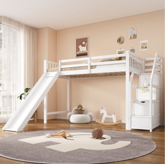 Ulife Hochbett Etagenbett Kinderbett mit Stauraumtreppe Mit Rutsche, 90*200 cm