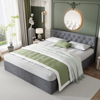 STILVORA Polsterbett 140×200cm Doppelbett mit geknöpftes Kopfteil,Bett mit Stauraum (Hydraulisch anhebbarer Bettstauraum, Doppelbett mit Gepolstertes Kopfteil und Lattenrost, Samt-Stoff), 140 x 200cm