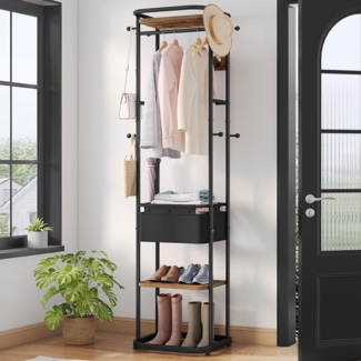 Garderobenständer, Kleiderständer mit Großer Aufbewahrungskorb, Garderob mit 3 Ablagen, 11 Haken, 40 x 44,5 x 182 cm, für Schlafzimmer, Flur, Eingangsbereich, Braun und Schwarz