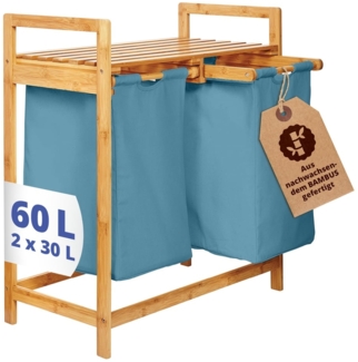 Lumaland Wäschekorb aus Bambus mit 2 ausziehbaren Wäschesäcken - Größe ca. 73 cm Höhe x 64 cm Breite x 33 cm Tiefe - Farbe Blau