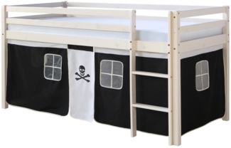 Hochbett mit Lattenrost 90x200 cm Spielbett Kinderbett Leiter Holz Kiefer Vorhang schwarz Pirat Jugendbett