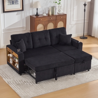 Flieks 3-Sitzer-Schlafsofa mit Schlaffunktion, Mehrfunktionales Cord-Sofa mit Stauraum & Ausziehbett. Inkl. USB-C, Ambientebeleuchtung, Getränkehaltern & breiten Armlehnen, Schwarz