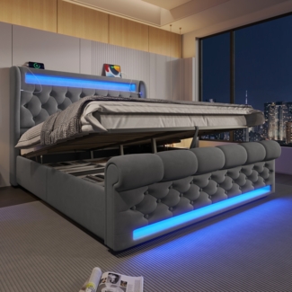 Merax Polsterbett Doppelbett 160x200cm, mit LED-Leuchten, Stauraum-Kopfteil mit USB- und Typ-C-Anschlüssen, Hydraulisches Stauraumbett, Samt, Grau