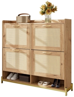OKWISH Schuhschrank aus Holz mit Rattantüren (Schuhregal, Schuhkommode, 1-St, 4 Türen) Metallrahmen und oberes Regal